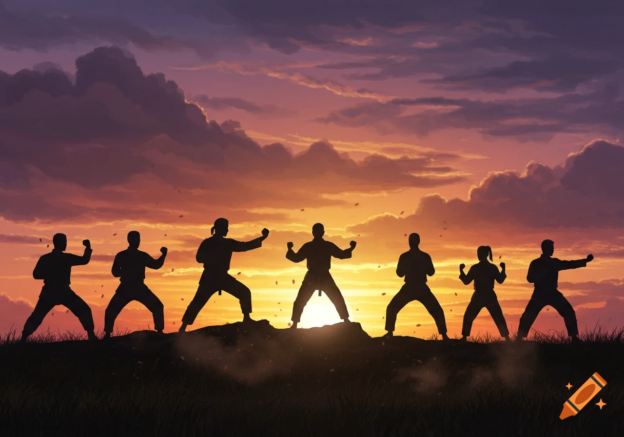 Silhouettes of seven martial artists in various poses against a vibrant sunset sky.