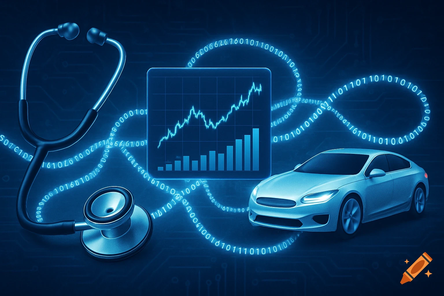 A blue-toned digital illustration featuring a stethoscope, a car, a rising bar graph, and flowing binary code on a circuit board background.