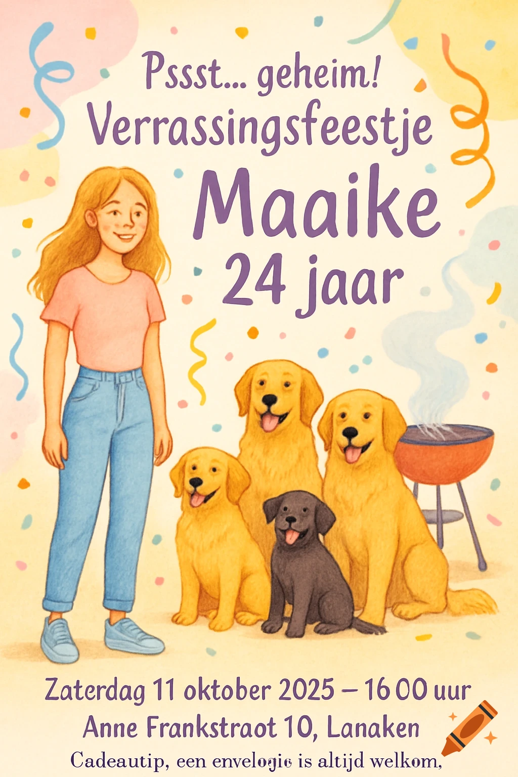 A cheerful digital invitation in pastel colors for a surprise party, featuring a young woman with long blonde hair, three golden retrievers, and a dark puppy. Confetti, streamers, and a BBQ are in the background, along with text details.