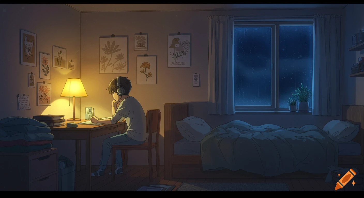 Anime-style cozy bedroom at night, a boy wearing headphones studies at a desk with a warm lamp, rain outside the window.