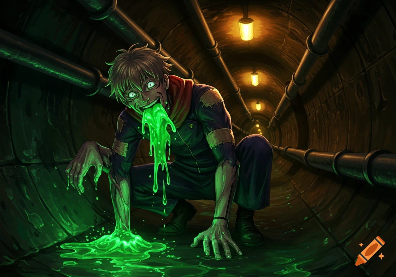 Anime character similar to Mahito squatting in a dark sewer, vomiting bright green sludge.