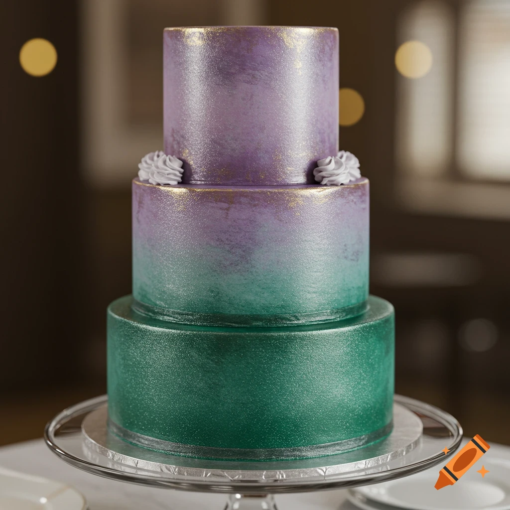 A three-tiered cake with shimmering metallic purple to green ombre frosting, adorned with small white cream dollops, on a glass stand.
