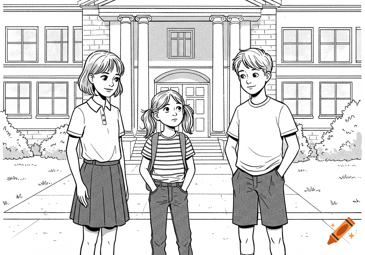 Black and white illustration of two girls and a boy standing in front of a school building.