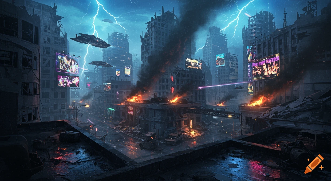 A dark, futuristic city in ruins, with buildings on fire and smoke rising. Lightning flashes in a stormy sky above flying vehicles and glowing billboards.