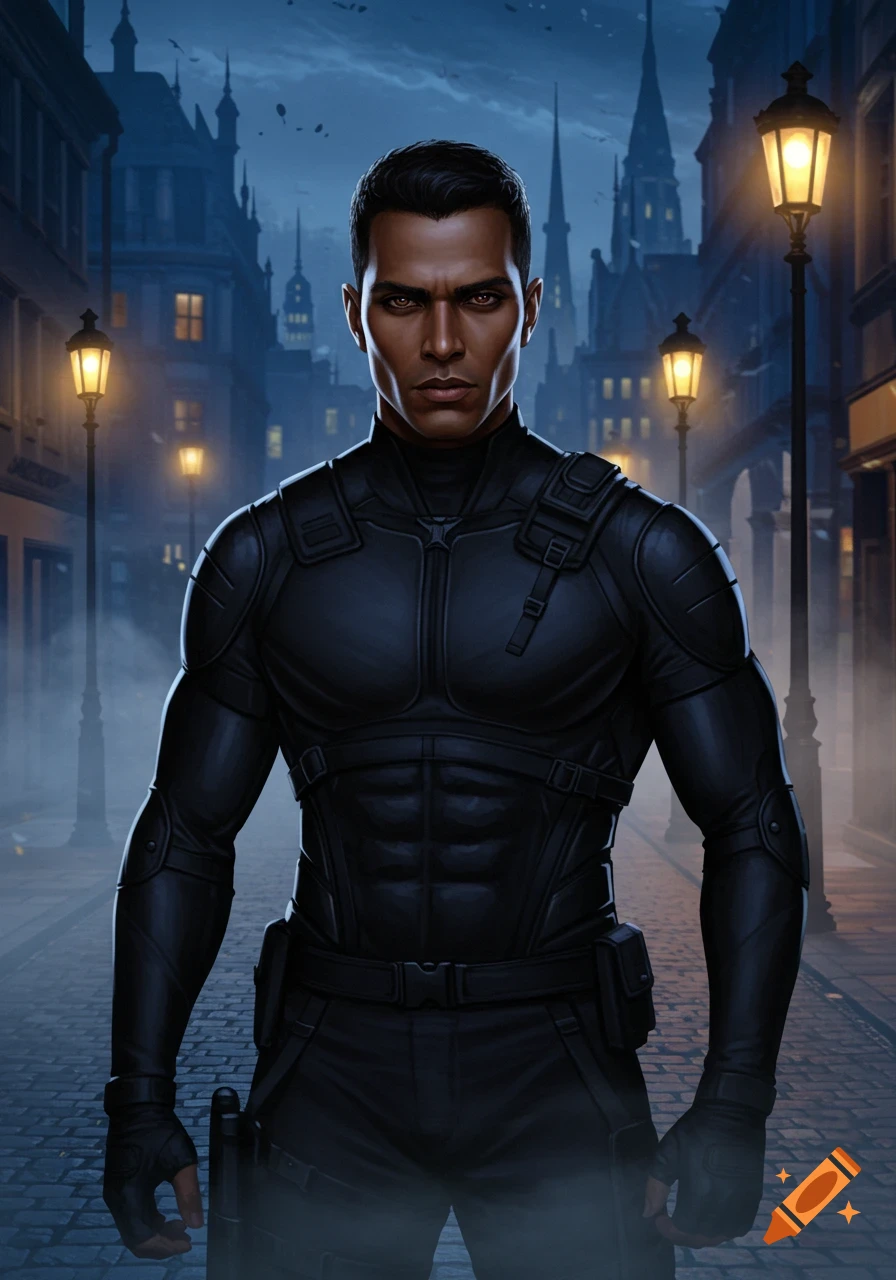 An illustration of a brooding man with olive skin, short black hair, and amber eyes, wearing a black tactical suit, standing on a cobblestone street at night with gothic buildings and street lamps in the background.