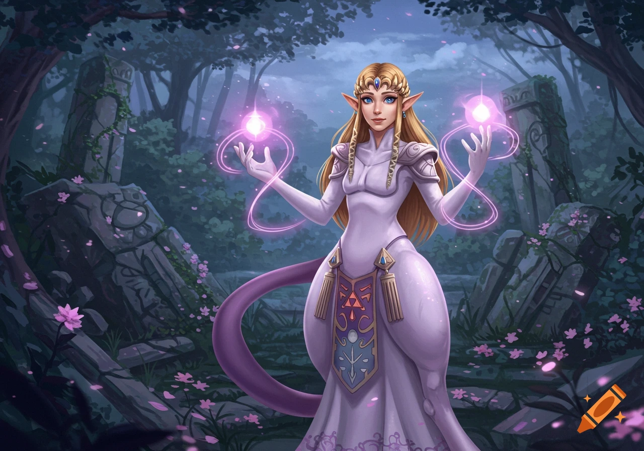 Princess Zelda in a white and purple Mewtwo-inspired costume, casting glowing pink spells in a mystical forest ruin.