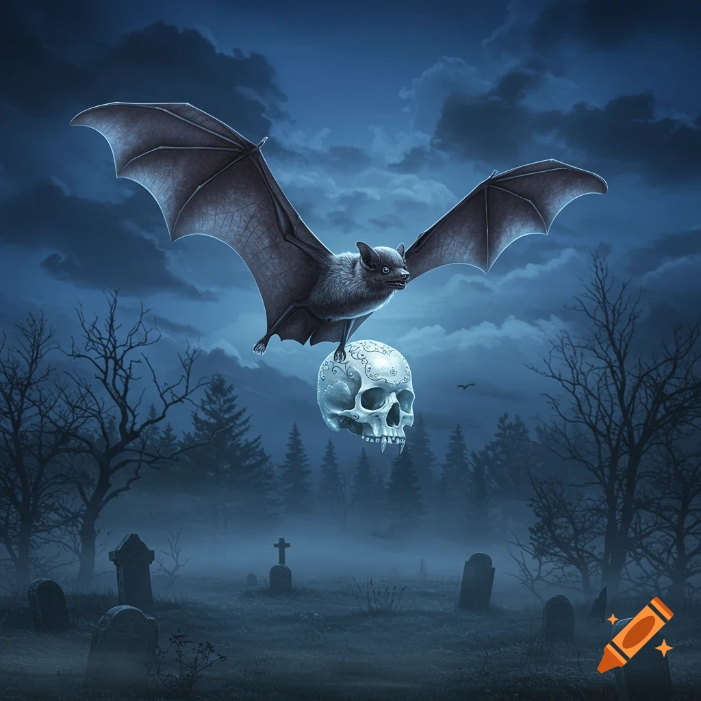 A grey bat flies over a misty graveyard at night, carrying a white, decorated skull with fangs. Dark trees and tombstones are visible in the background.