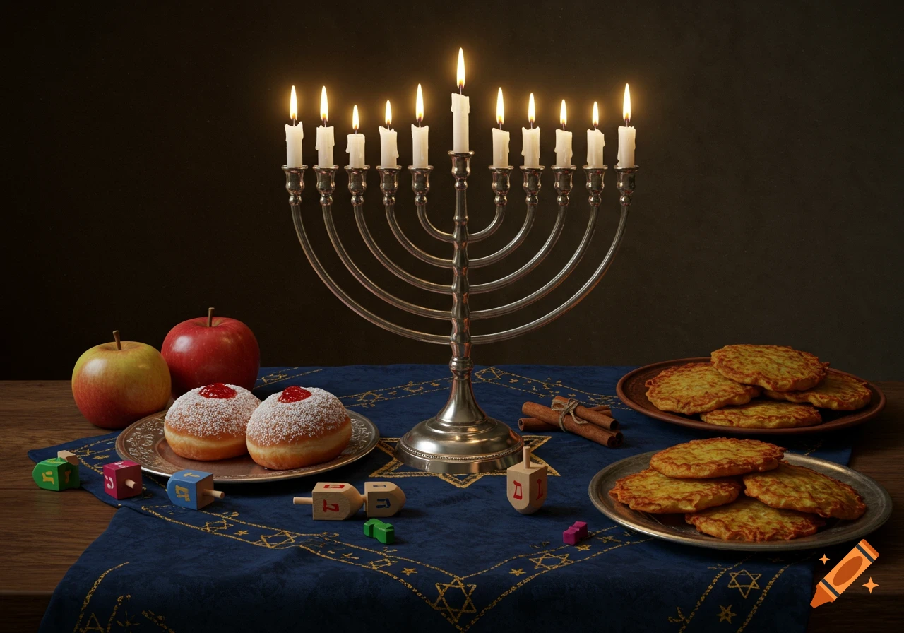 A photorealistic still life of a silver Hanukkah menorah with nine lit candles, surrounded by sufganiyot, latkes, apples, and dreidels on a blue tablecloth.