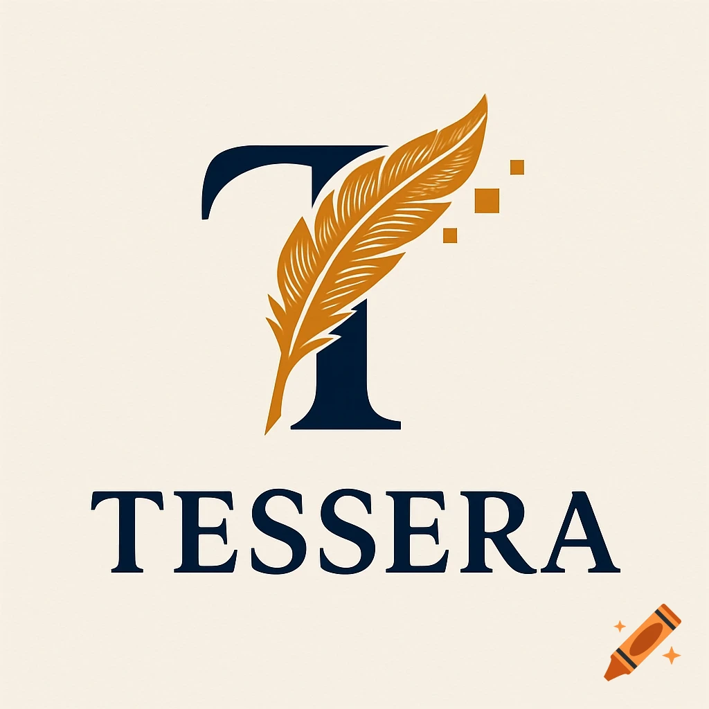 A dark blue letter T with a golden feather curving around it and digital pixel elements, above the word TESSERA in dark blue text on a cream background.