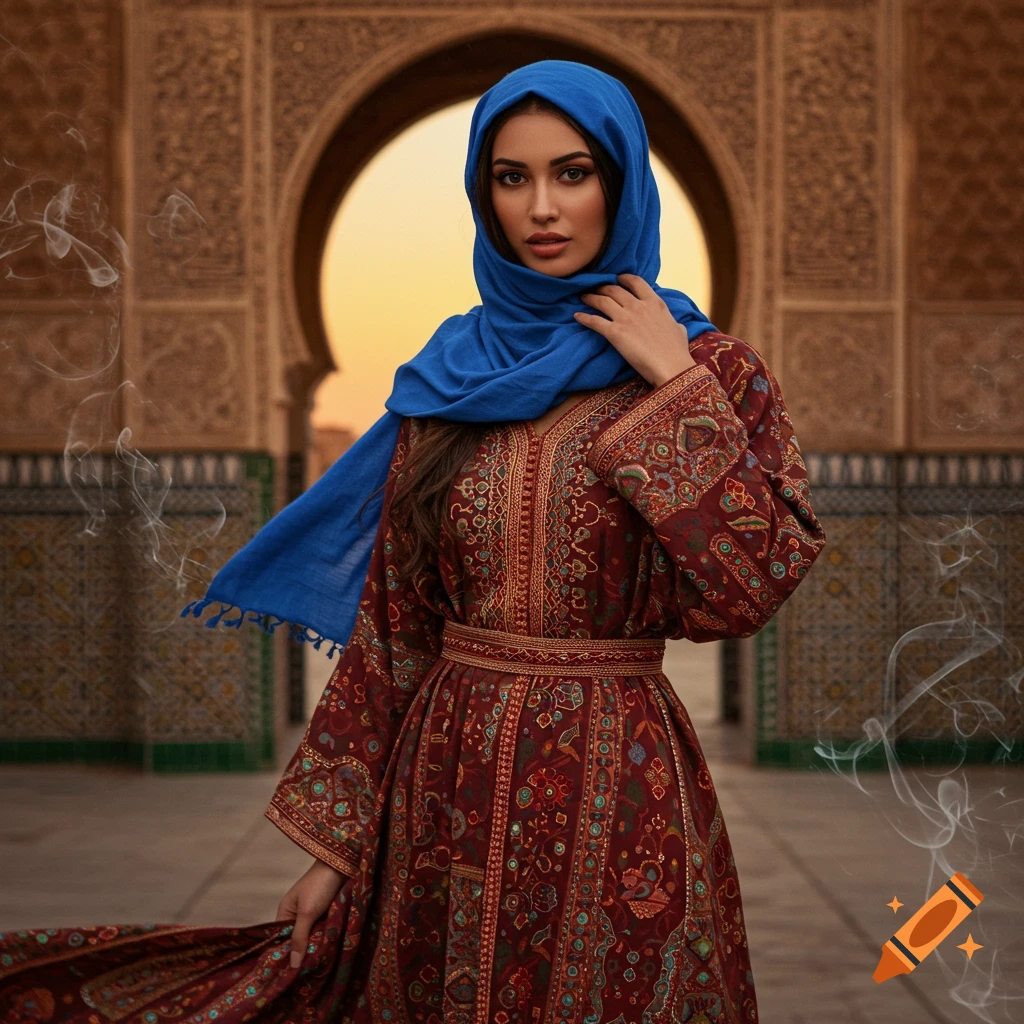 A woman in a blue hijab and embroidered maroon dress poses in front of an ornate Moroccan archway at sunset.