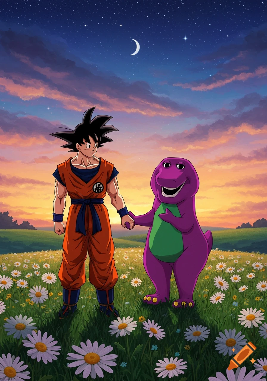 Goku and Barney the dinosaur hold hands in a field of white daisies under a sunset sky with a crescent moon.