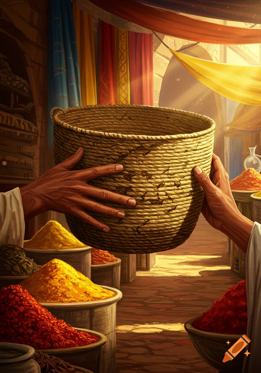 Close-up of hands holding a woven basket in a sunlit market, surrounded by colorful piles of spices.
