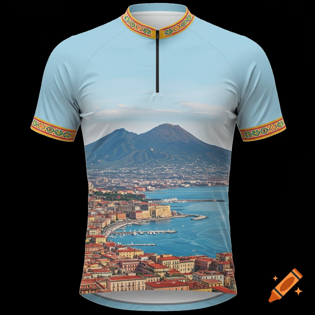A sky blue bike shirt featuring a panoramic view of Naples with Mount Vesuvius in the background and decorative trim.