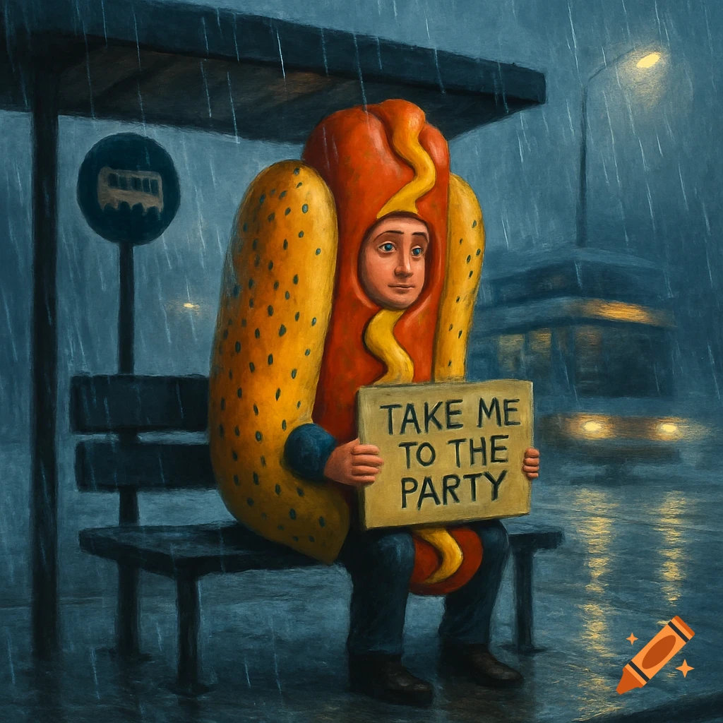 A person in a hot dog costume sits on a bus stop bench in the rain, holding a sign that reads 'TAKE ME TO THE PARTY'. Illustrated.