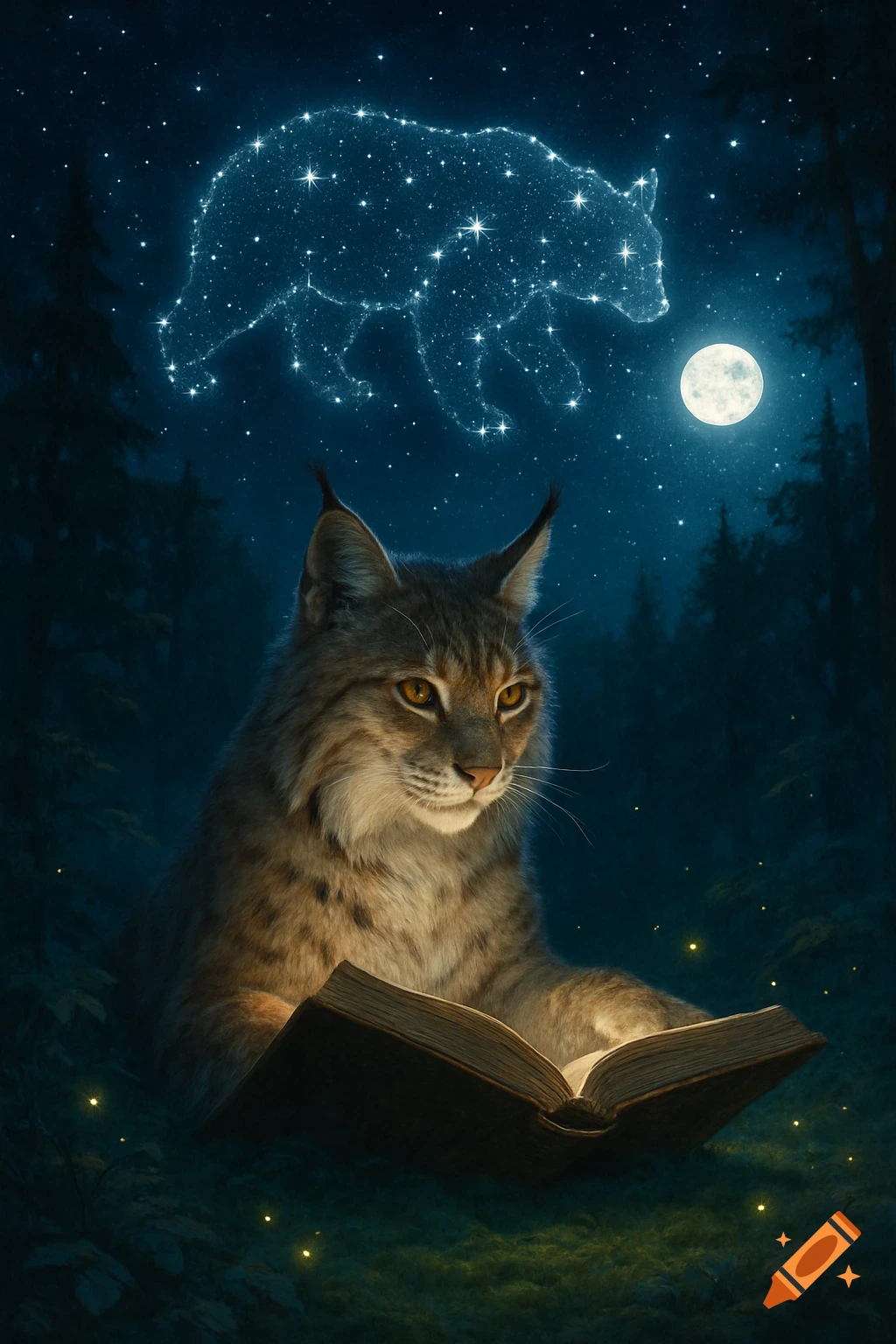 A lynx reads a glowing book in a mystical forest at night, beneath a full moon and a sparkling bear constellation.