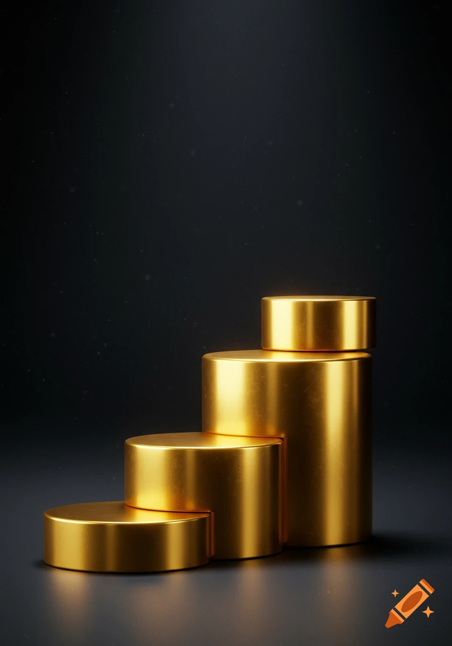 Four shiny golden cylindrical pedestals arranged in ascending order on a dark background.