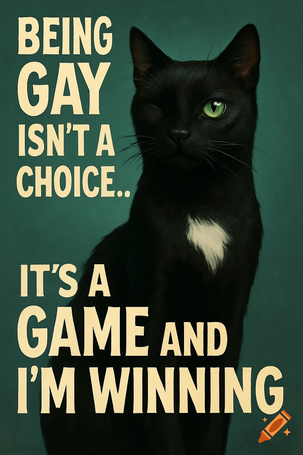 A black cat with a white tuft on its chest winks, with one bright green eye open, against a teal background. Large text reads: "BEING GAY ISN'T A CHOICE.. IT'S A GAME AND I'M WINNING"