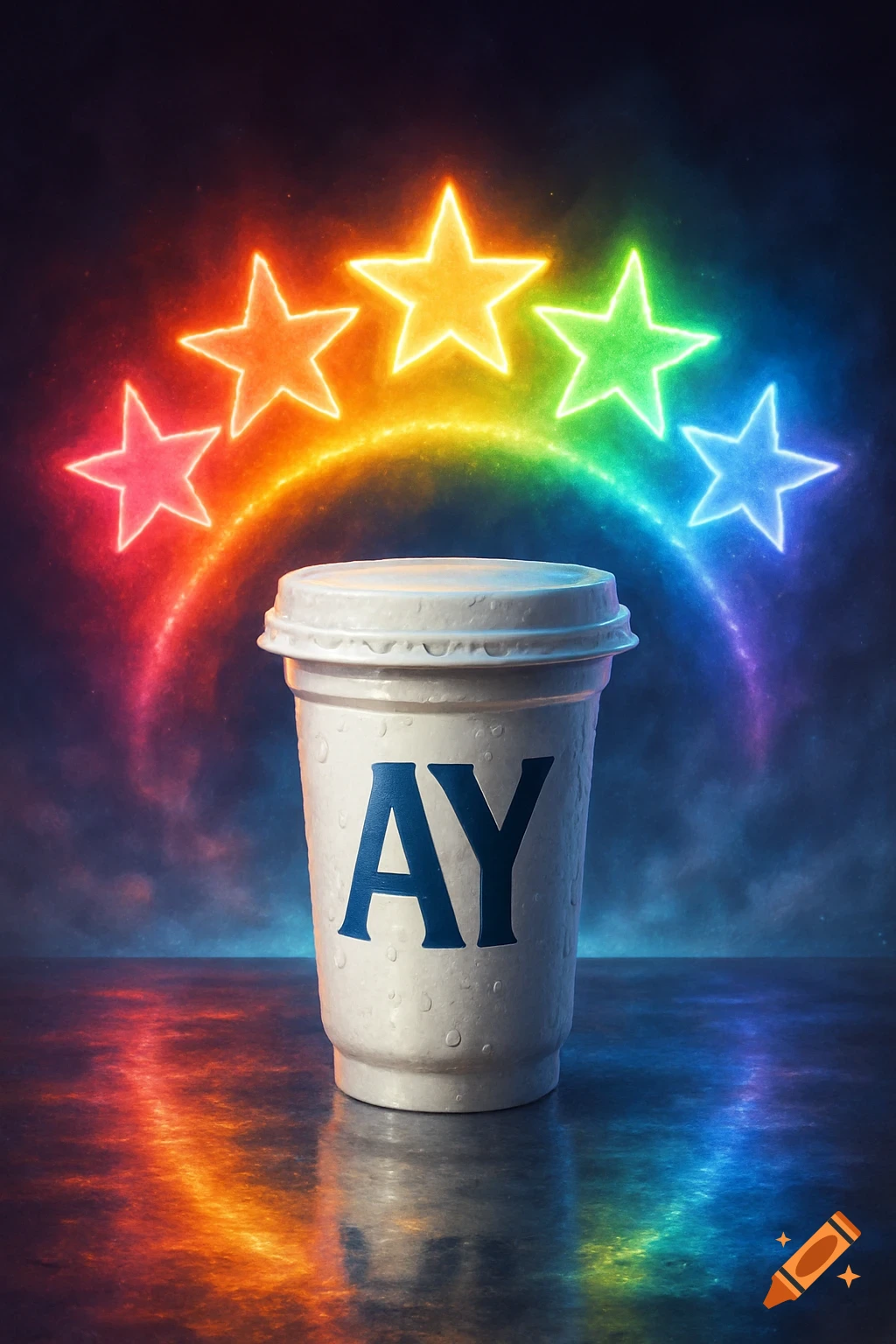 A white cup with 'AY' printed on it, reflecting on a surface, with five glowing rainbow stars arcing above it.