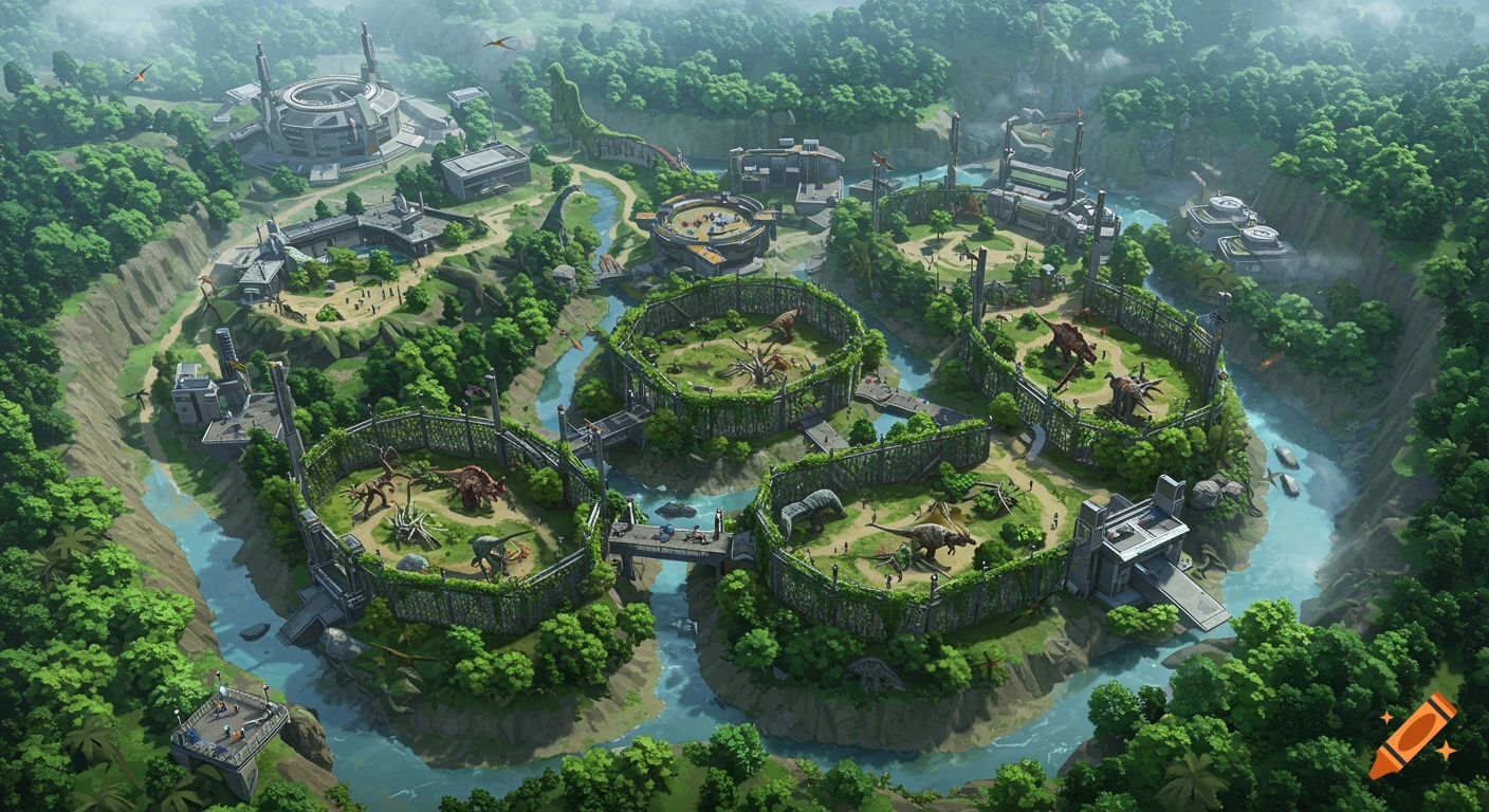 An aerial view of a vibrant, lush dinosaur park with various enclosures, rivers, and futuristic buildings, rendered in a game art style.