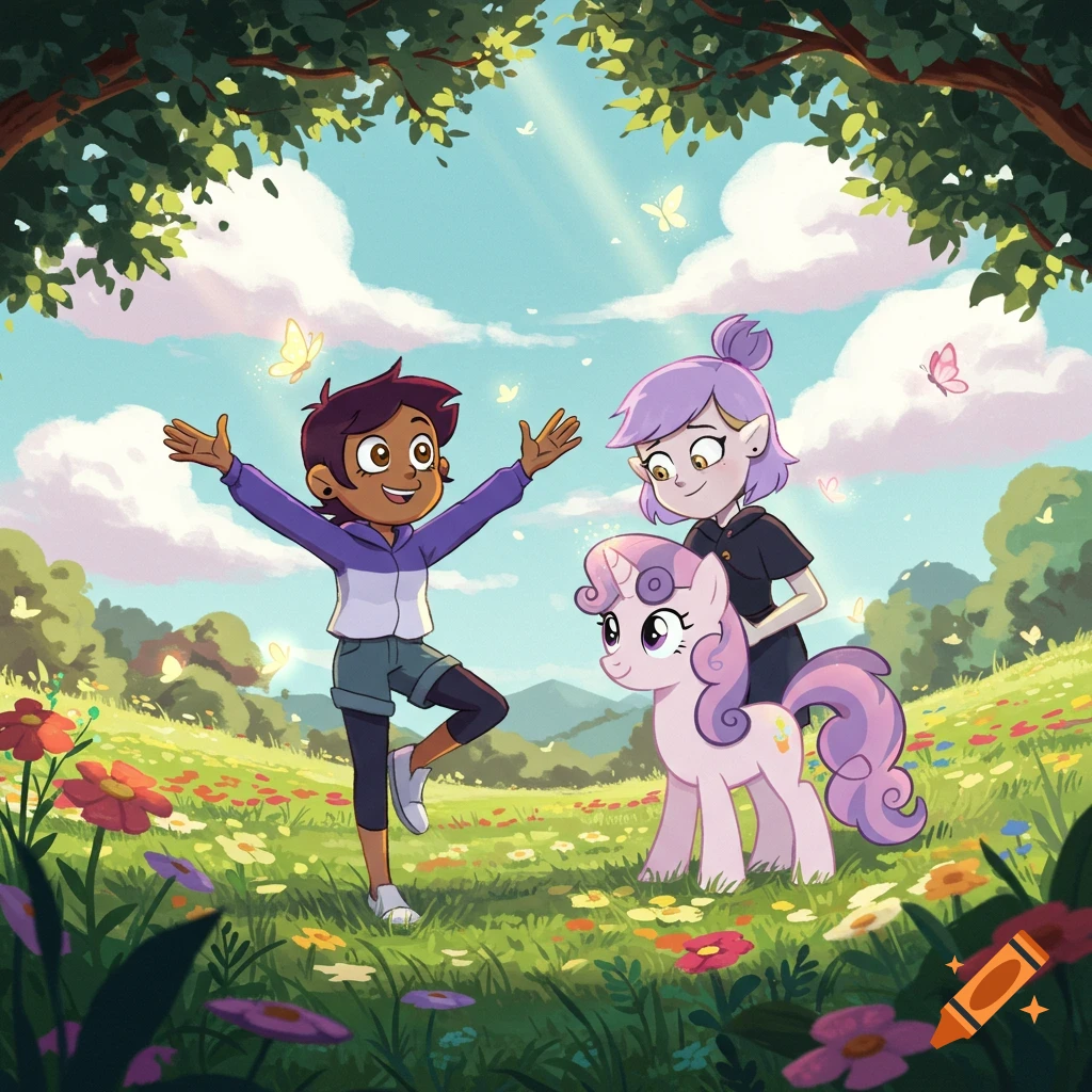 Luz Noceda with arms outstretched, Amity Blight, and Sweetie Belle the pony in a sunny, flower-filled meadow with butterflies.