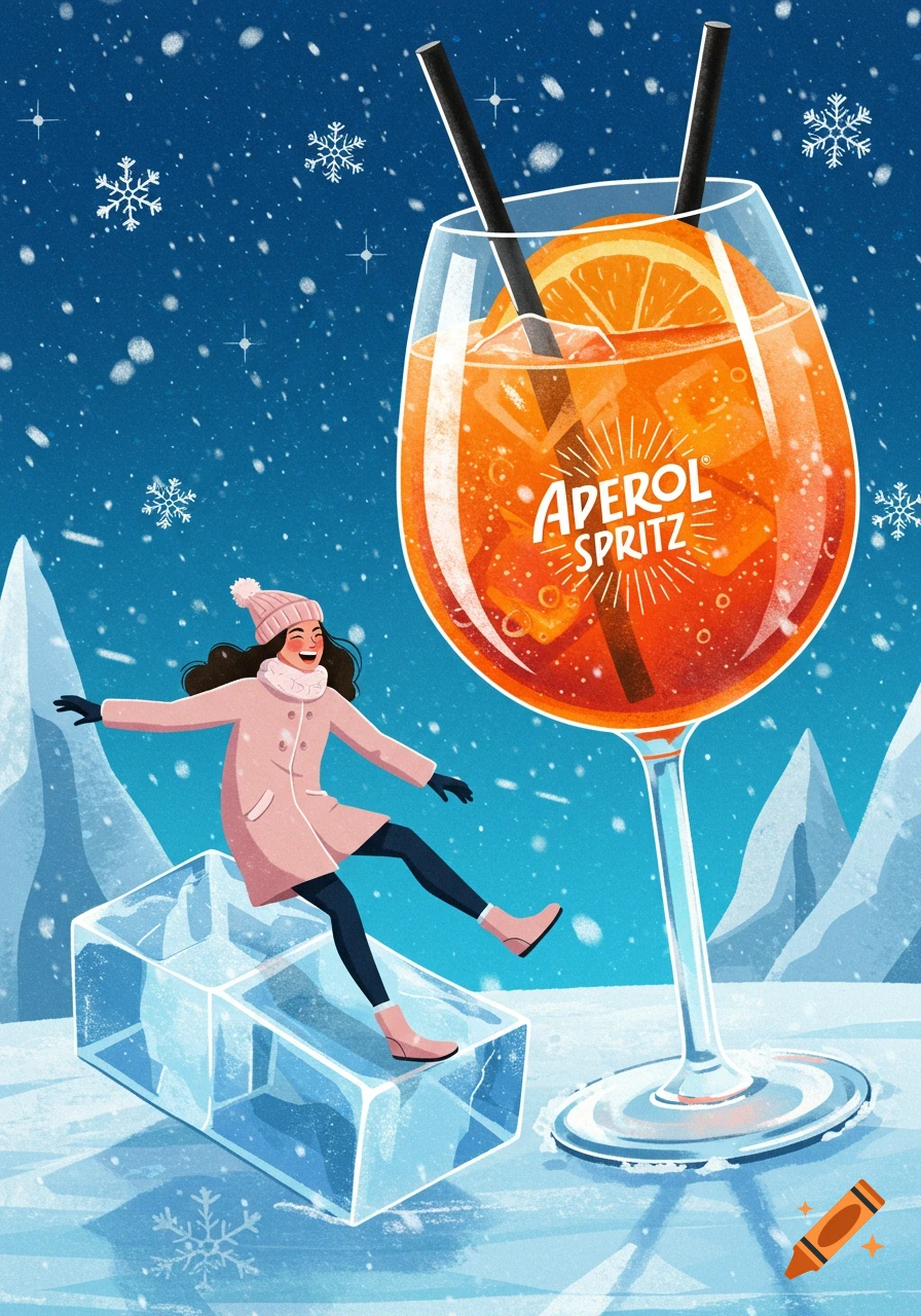 Cartoon illustration of a woman on an ice block sliding towards a giant Aperol Spritz glass in a snowy landscape.