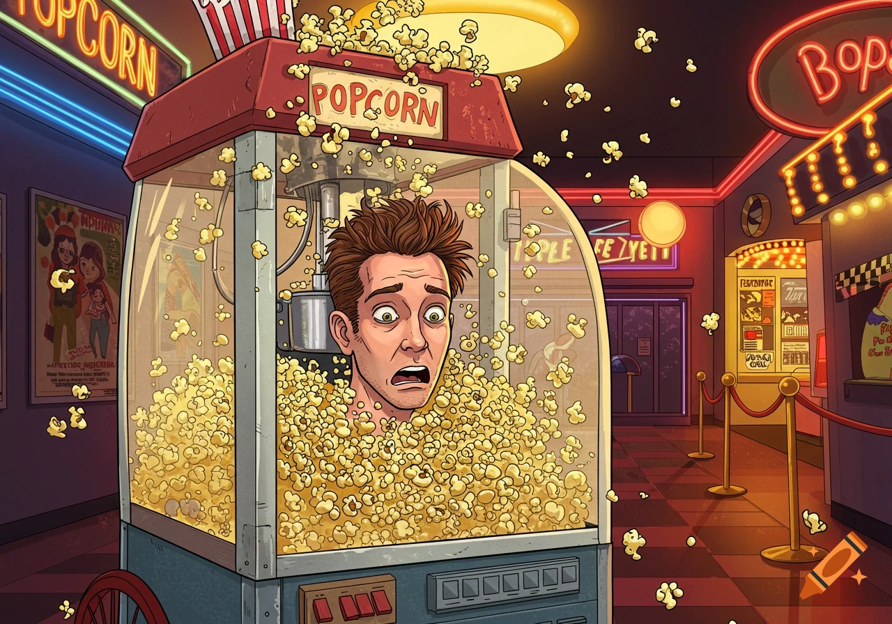 A cartoon man with a scared expression is stuck chest-deep in a popcorn machine overflowing with popcorn, set in a movie theater lobby.