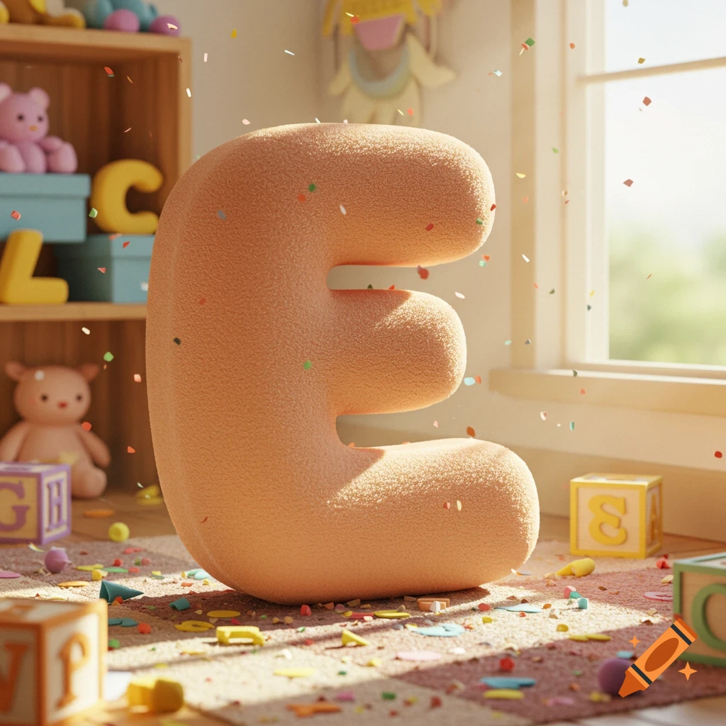 A large, peach-colored fluffy letter E stands in a sunlit child's room with scattered confetti, toys, and alphabet blocks.