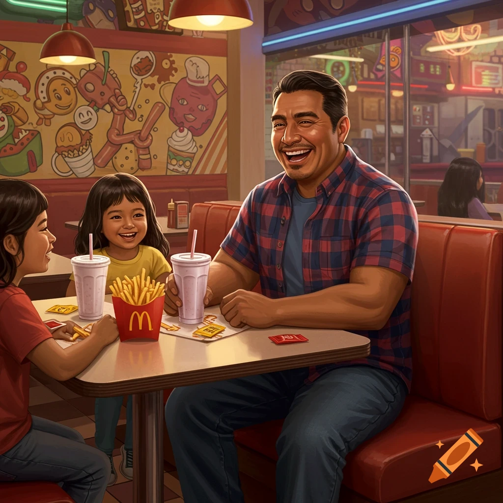 A smiling Latino father and two young girls laugh while eating fries and milkshakes at a fast-food restaurant.