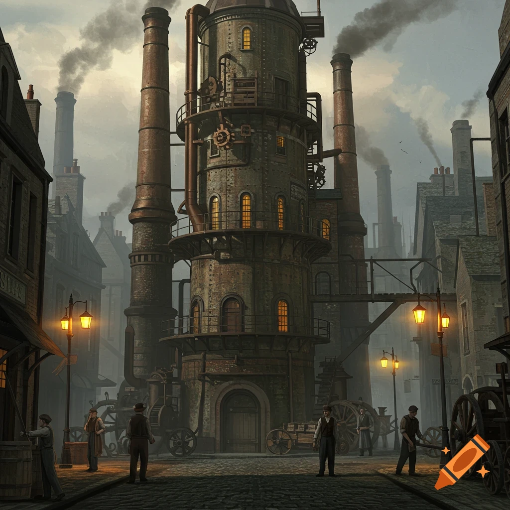 A towering steampunk industrial factory dominates a smoky 1800s city street with gaslights and figures.