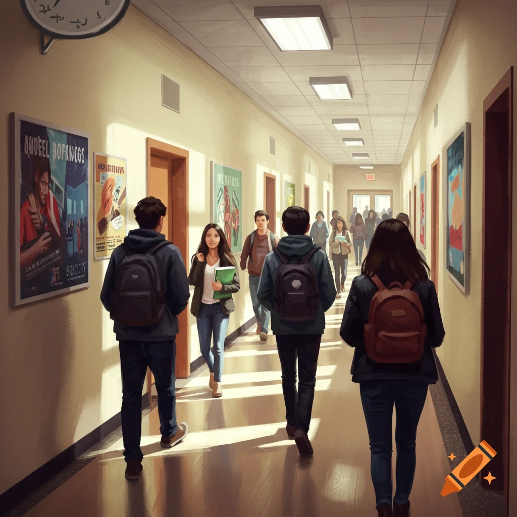 Students walk down a sunlit school hallway, carrying backpacks and books, in a detailed illustration.