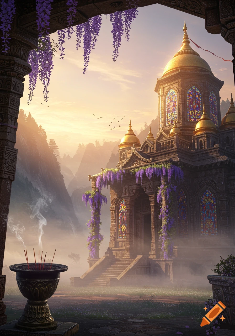 Golden-domed temple with purple wisteria and stained glass windows in a misty mountain valley, incense burning in foreground.