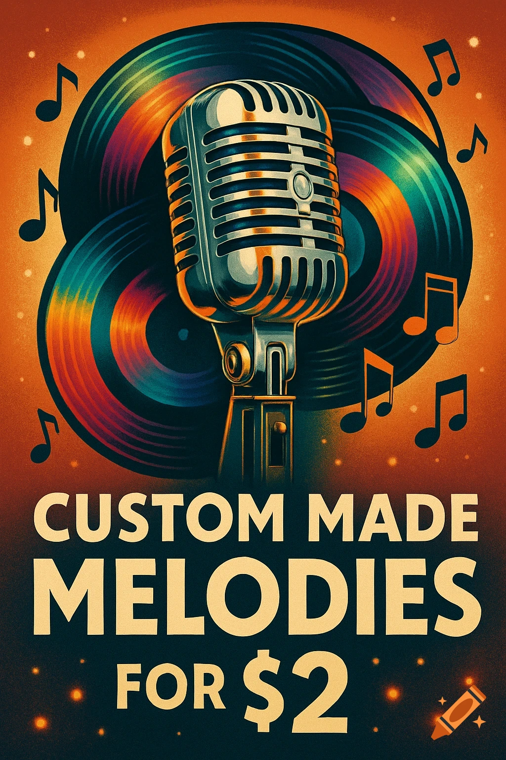 A vintage-style ad poster featuring a chrome microphone, vinyl records, and musical notes with the text 'Custom Made Melodies For $2'.