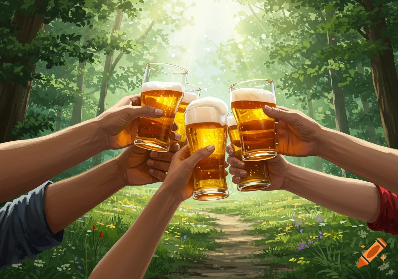 Several hands clinking beer glasses together in a sunlit forest clearing with a path and wildflowers, in an illustrative style.