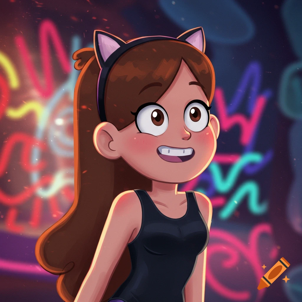 Cartoon drawing of Mabel Pines in a black leotard and cat ear headband, smiling under neon lights.