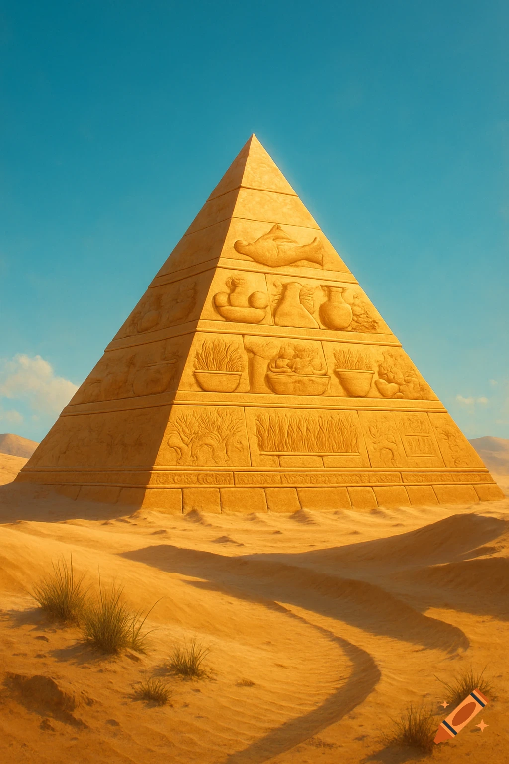A grand, tan pyramid with carved reliefs stands in a vast, sandy desert under a clear blue sky.
