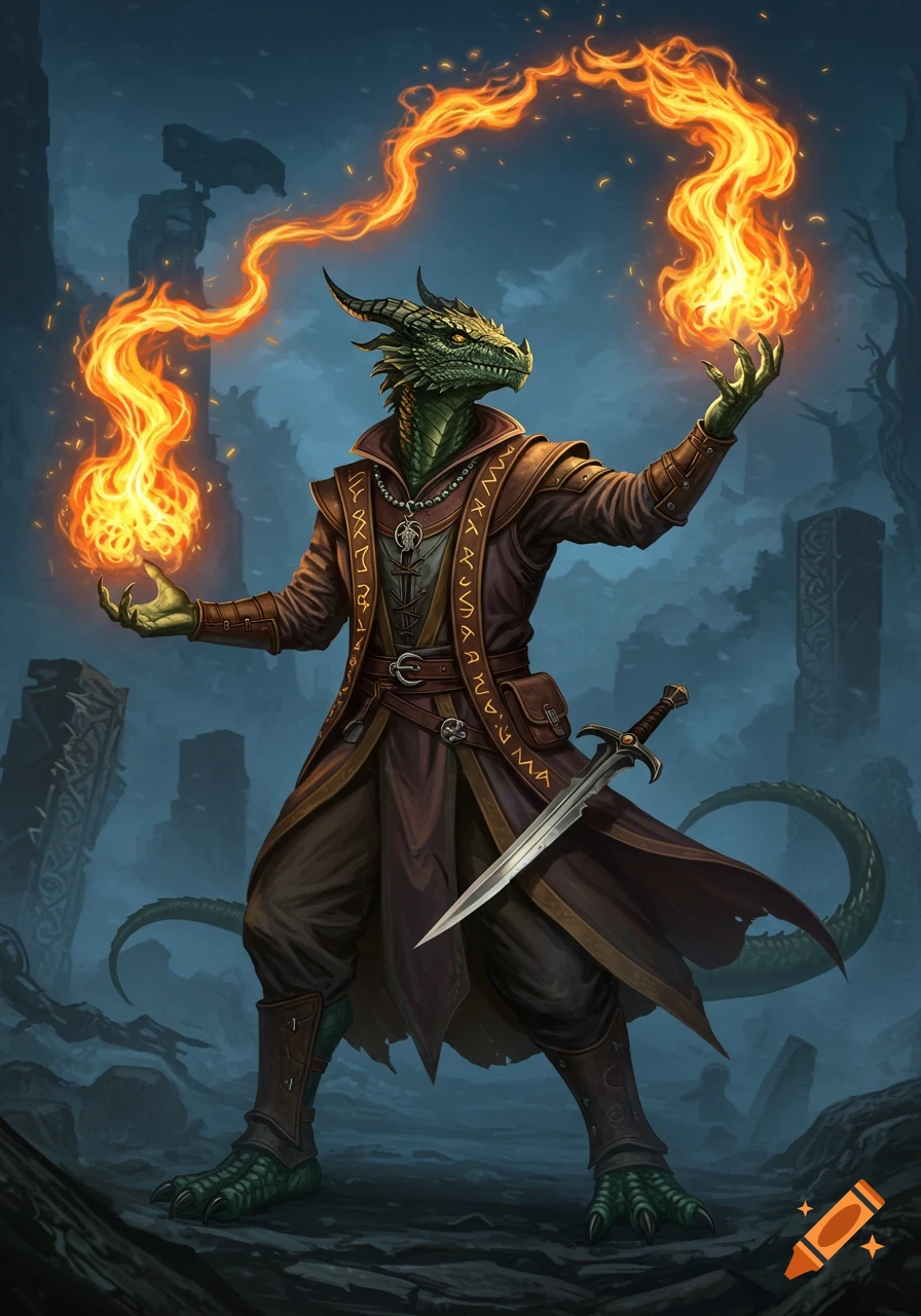 A green-skinned Dragonborn wizard in brown robes casts fire spells from both hands, a dagger at their side, in a dark fantasy landscape.