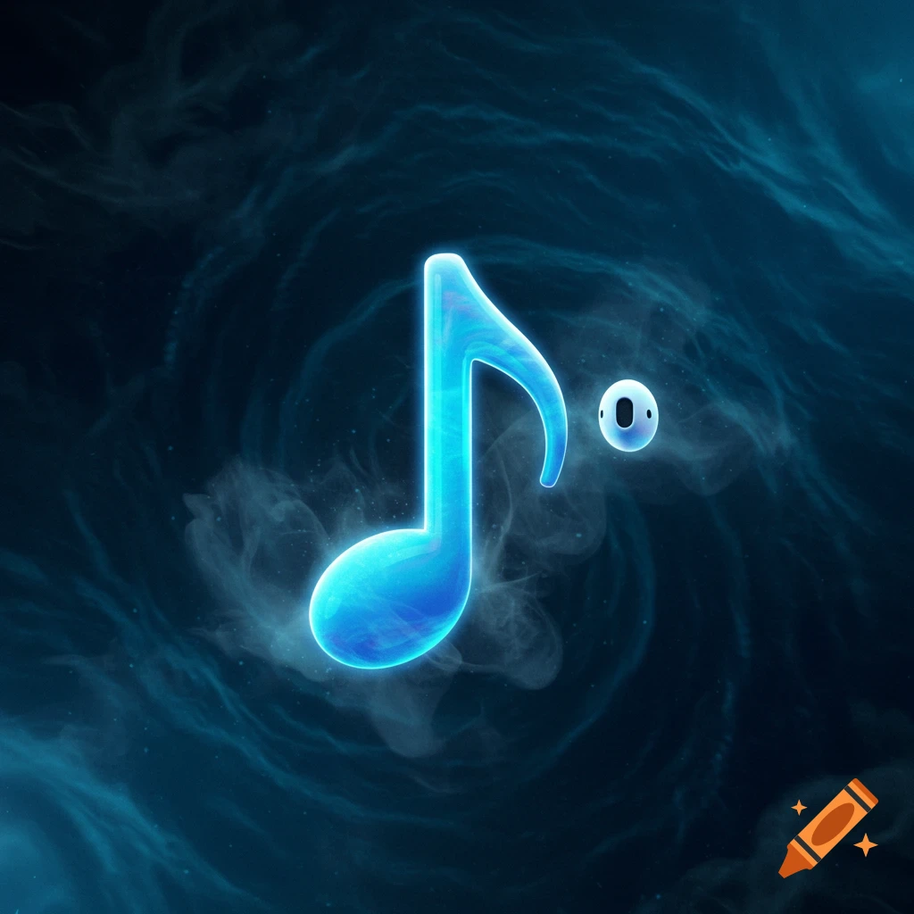 A glowing blue musical eighth note floats next to a white earbud against a dark, smoky blue background.