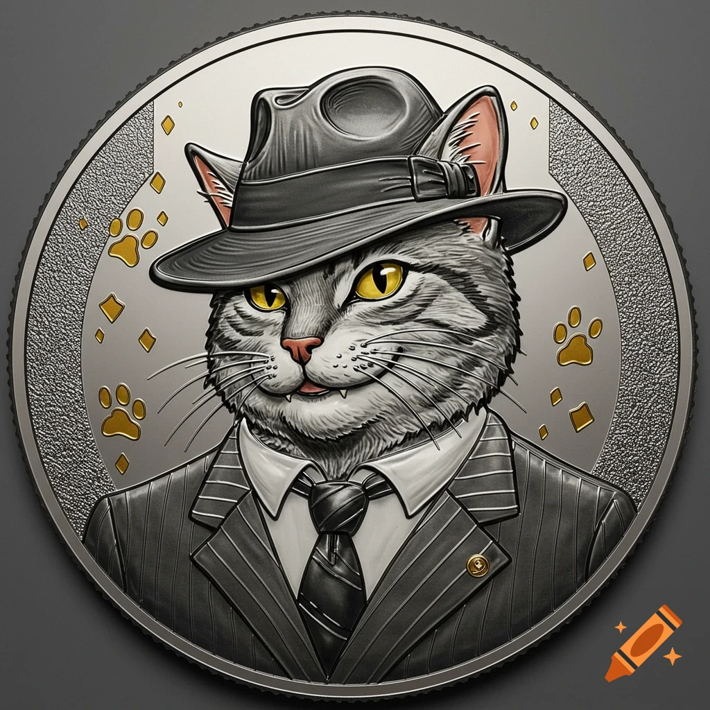 Embossed silver coin featuring a grey tabby cat in a pinstripe suit, tie, and fedora, with gold paw prints.