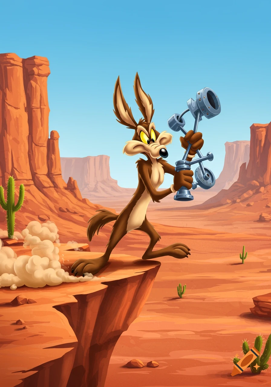 Cartoon Wile E. Coyote lunging forward on a desert cliff, holding a metal contraption.