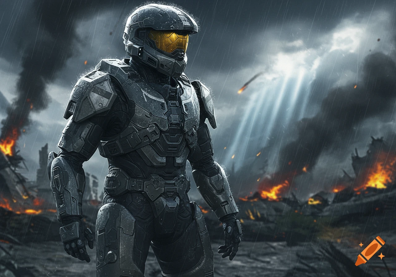 A futuristic soldier in grey power armor with a golden visor stands in a rainy, war-torn landscape with distant fires and light rays.