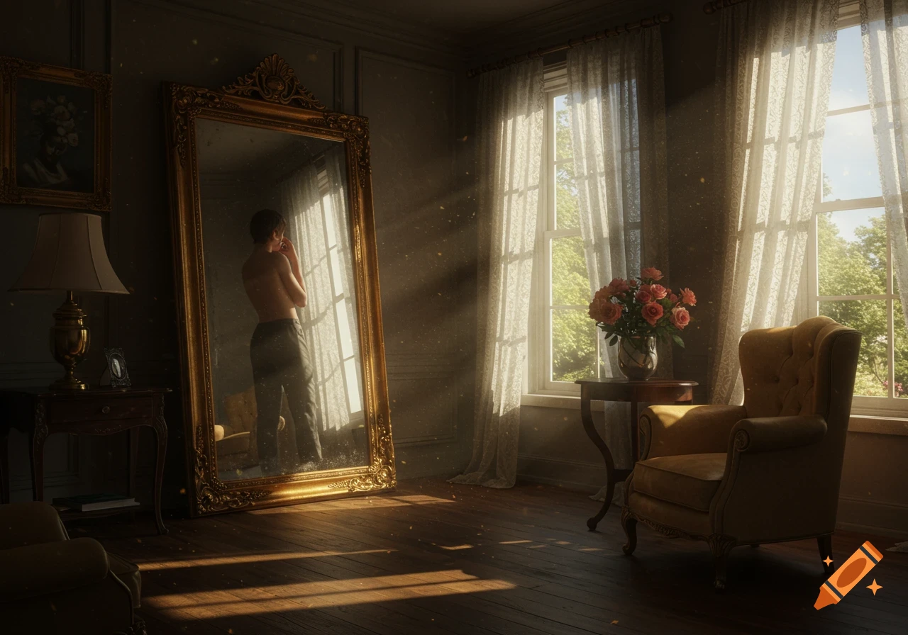 A shirtless person views their reflection in a large gold mirror in a sunlit room with windows, flowers, and an armchair.