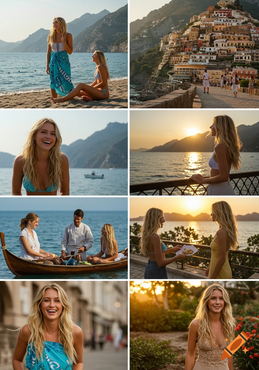 Photorealistic collage of a blonde woman enjoying a diverse vacation across various beautiful beach, coastal town, and sunset settings.