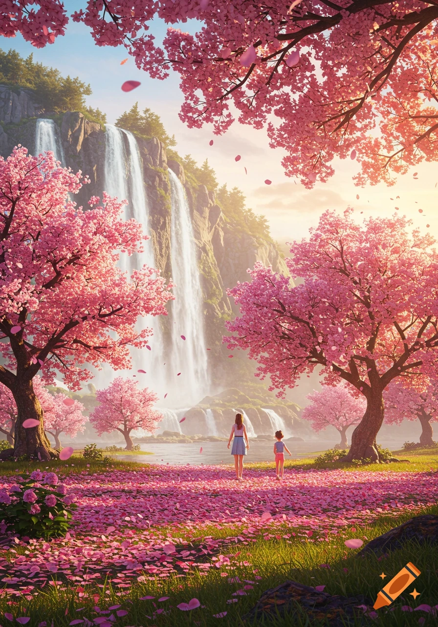 Two people walk through pink cherry blossom petals towards a waterfall, surrounded by blooming trees under a bright sky.
