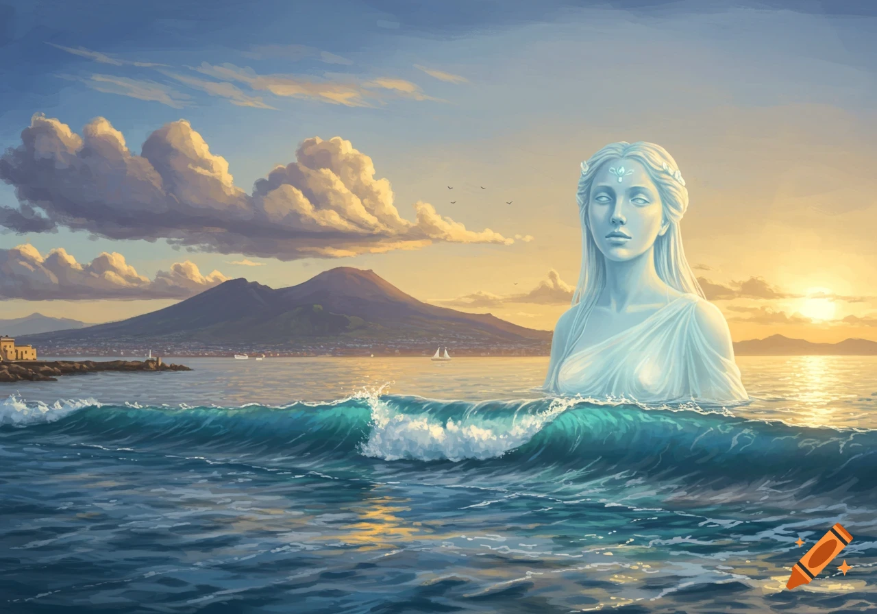 A pale goddess-like figure rises from choppy waves in the sea, with a large volcano and coastline at sunset in the background.