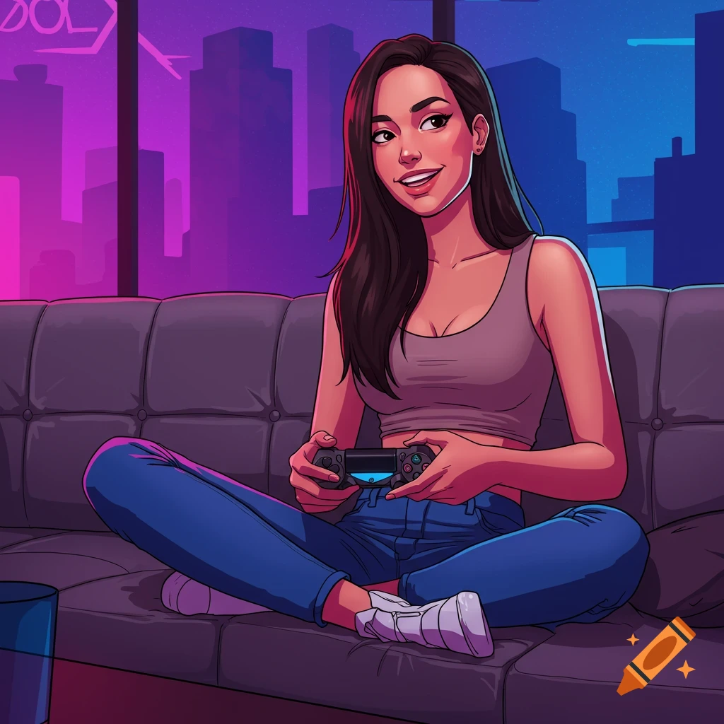 GTA-style cartoon illustration of a brunette girl playing PlayStation on a couch with an urban cityscape background.