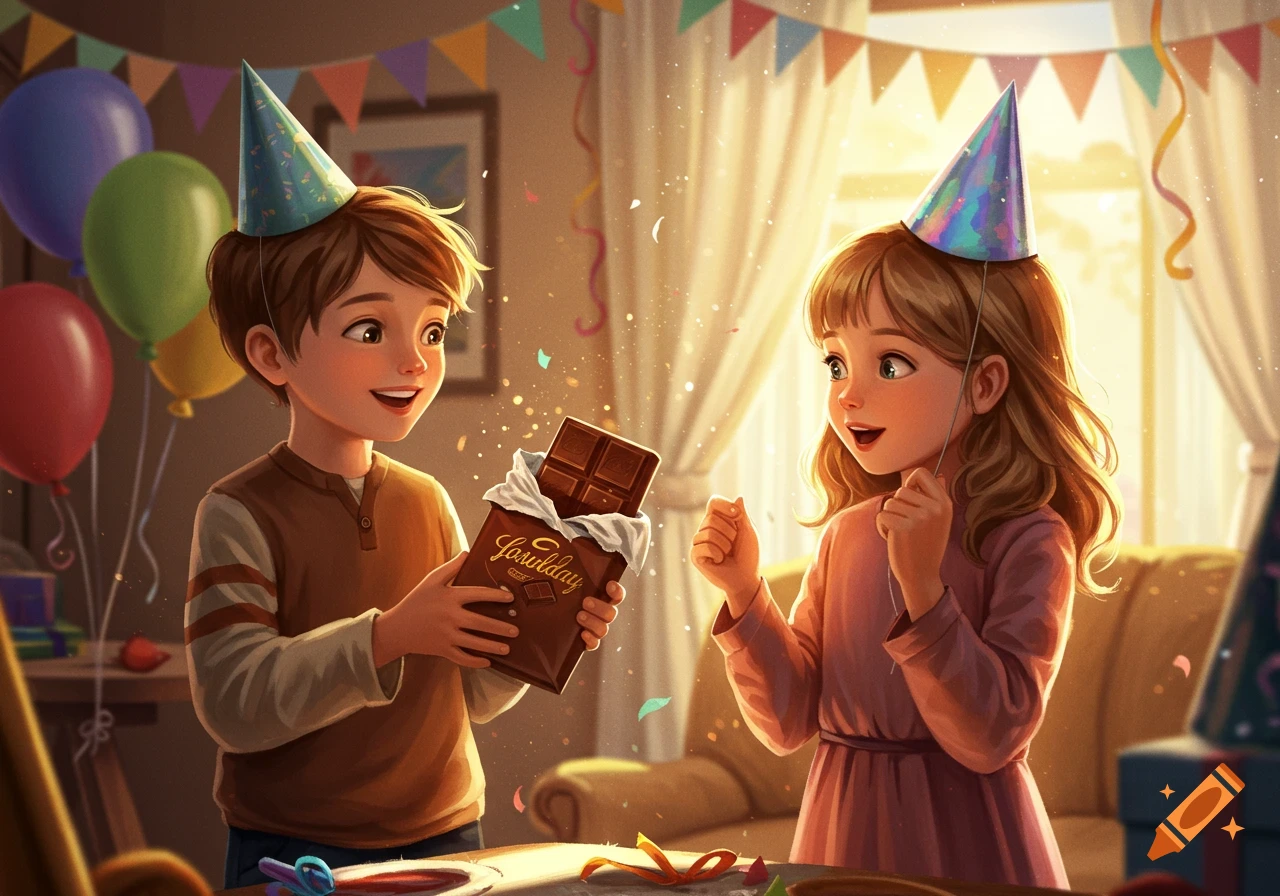 A boy in a party hat gives a chocolate bar to a smiling girl in a party hat during a birthday celebration.
