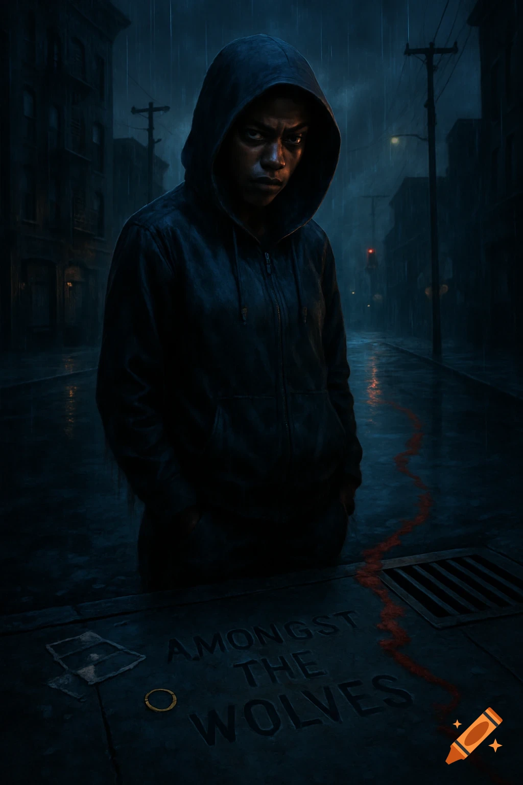A Black woman in a hoodie stands in a rainy, dark urban street. A blood trail leads to a drain, with 'Amongst the Wolves' etched on the ground. Cinematic style.