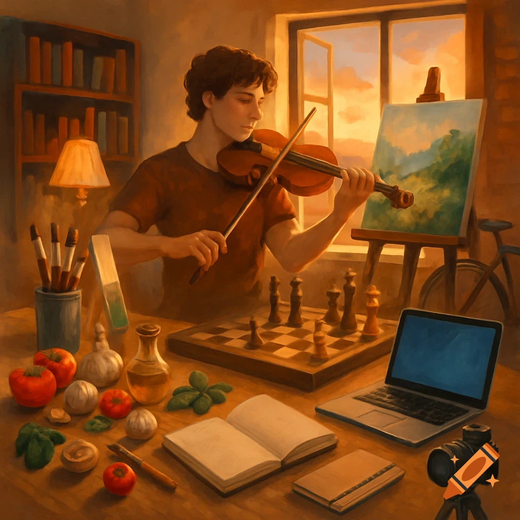 A person plays violin in a warm, painterly room with many hobbies: painting, chess, cooking ingredients, books, and a camera.
