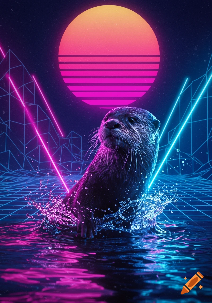 A synthwave style image of an otter emerging from glowing neon water with a grid background and a retro sunset.
