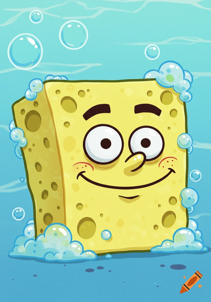 Cartoon portrait of a smiling yellow sponge character with large eyes and a prominent nose, surrounded by bubbles in blue water.
